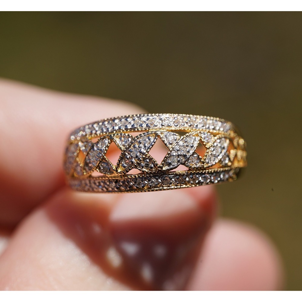 Vintage 14k Solid Yellow Gold Lattice Cut Out Natural Cluster Diamond Ring Rows